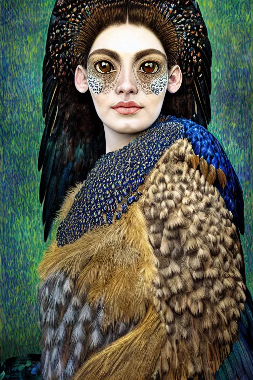 Prompt: head and shoulders portrait of a harpy, eagle wings, feathers, beautiful, female, magical, high fantasy, d & d, by klimt, face details, extremely detailed, digital illustration