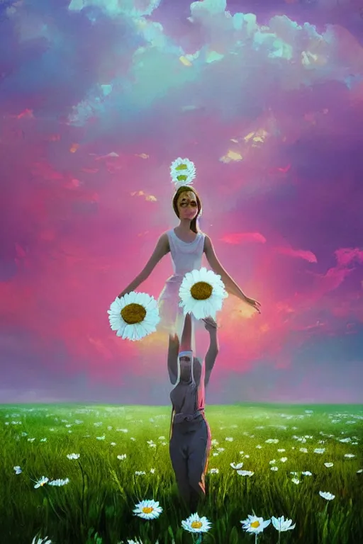 Image similar to giant white daisy flower as head, two legged girl dancing in a flower field, surreal photography, sunrise, dramatic light, impressionist painting, colorful clouds, digital painting, artstation, simon stalenhag