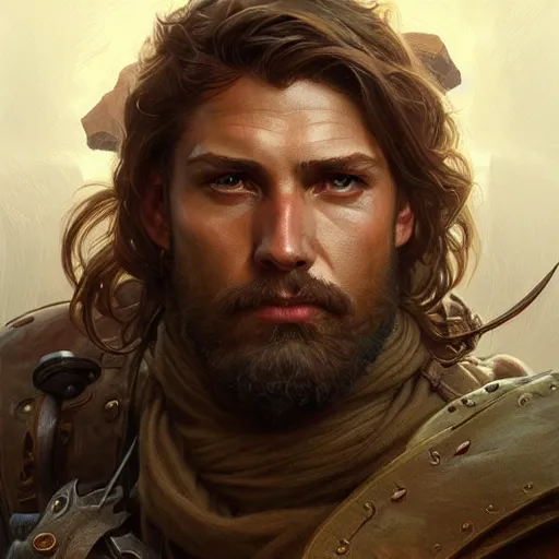 Image similar to portrait of a rugged ranger, muscular, upper body, blood, D&D, fantasy, intricate, elegant, highly detailed, digital painting, artstation, concept art, smooth, sharp focus, illustration, art by artgerm and greg rutkowski and alphonse mucha