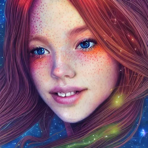 Image similar to portrait of a red haired girl loving to be among among fireflies, with long hair, green eyes, round beautiful face, a soft smile, hint of freckles, wonderful lights, highly detailed, hyper realistic colorful art by artgerm