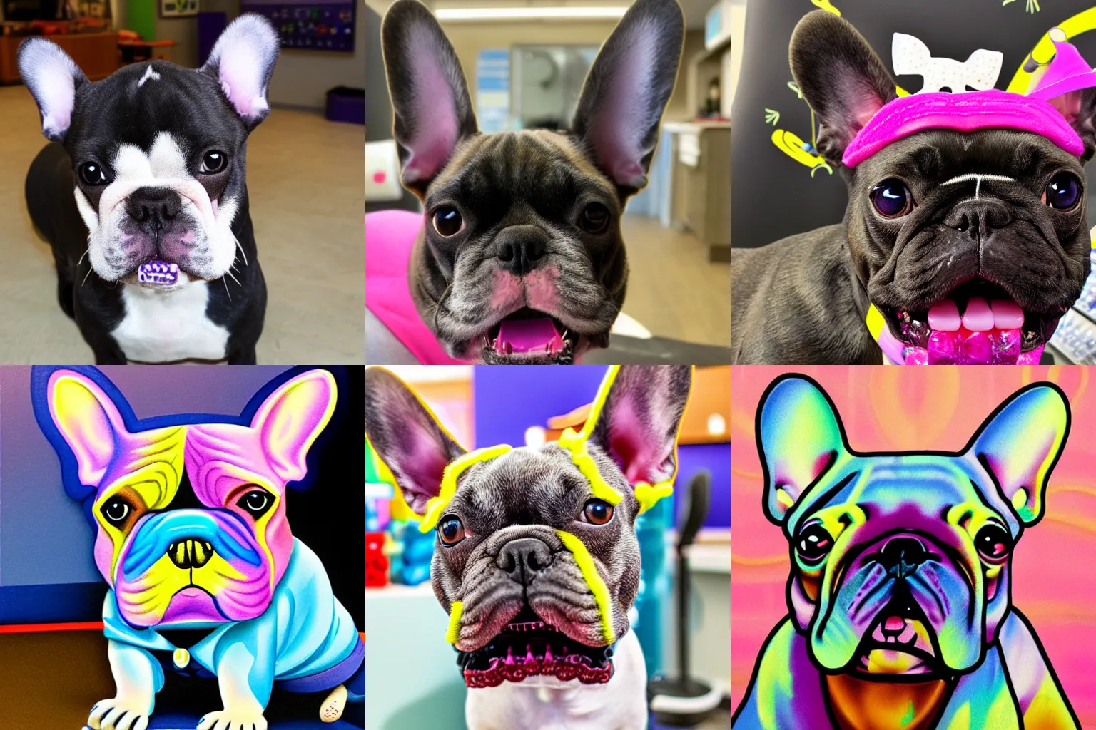 Prompt: french bulldog getting braces at the orthodontist office, by lisa frank