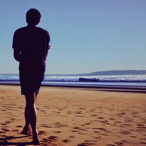 Prompt: a film candid photography of a man, athletic, walking towards camera on an Oregon beach, facing camera, natural lighting, golden hour, well lit, Kodak gold 200 film, trending on instagram