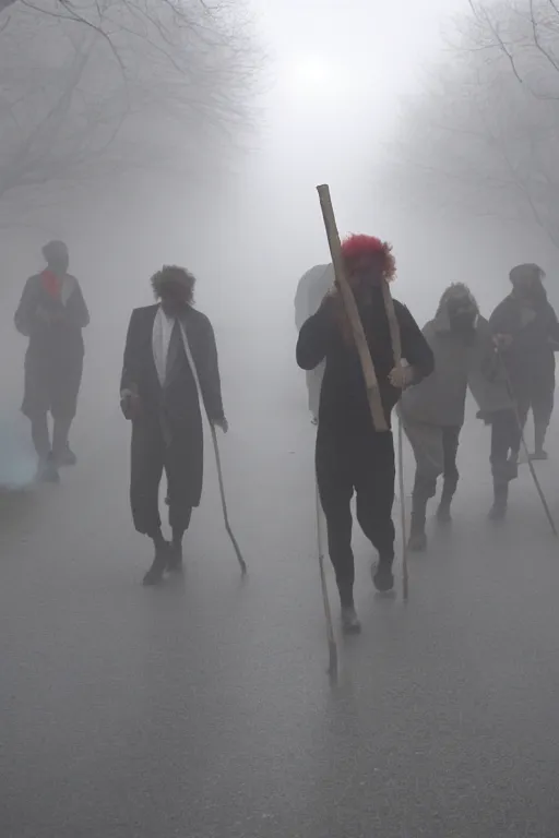 Image similar to a group of clowns walking down a long dark foggy alley the are carrying sticks. fog,