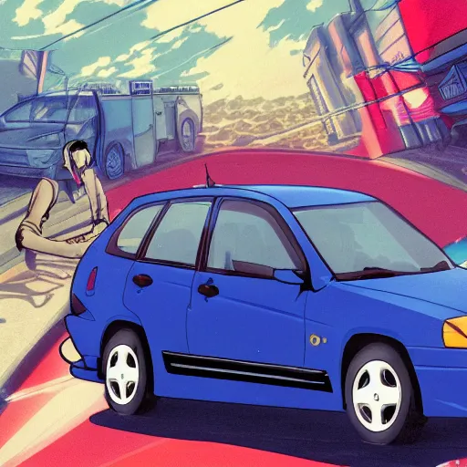 Image similar to closeup of a high definition anime guy with short dark blue hair and black streetwear clothing riding a dark red 1996 Hyundai Accent car with armenia quindio in the background, Artwork by Shuichi Shigeno, pixiv, 8k, official media, wallpaper, hd