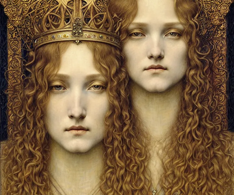 Image similar to detailed realistic beautiful young medieval queen face portrait by jean delville, gustave dore and marco mazzoni, art nouveau, symbolist, visionary, gothic, pre - raphaelite. horizontal symmetry