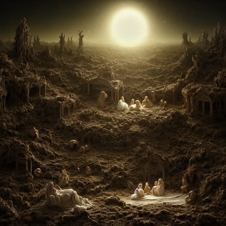 Image similar to ribbed abandoned Nativity of Jesus scene on exoplanet, baroque painting, standing in a desolate empty wasteland, creepy, nightmare, dream-like heavy atmosphere, surreal abandoned buildings, beautiful detailed intricate insanely detailed octane render trending on Artstation, 8K artistic photography, photorealistic, chiaroscuro, Raphael, Caravaggio, Beksinski, Giger