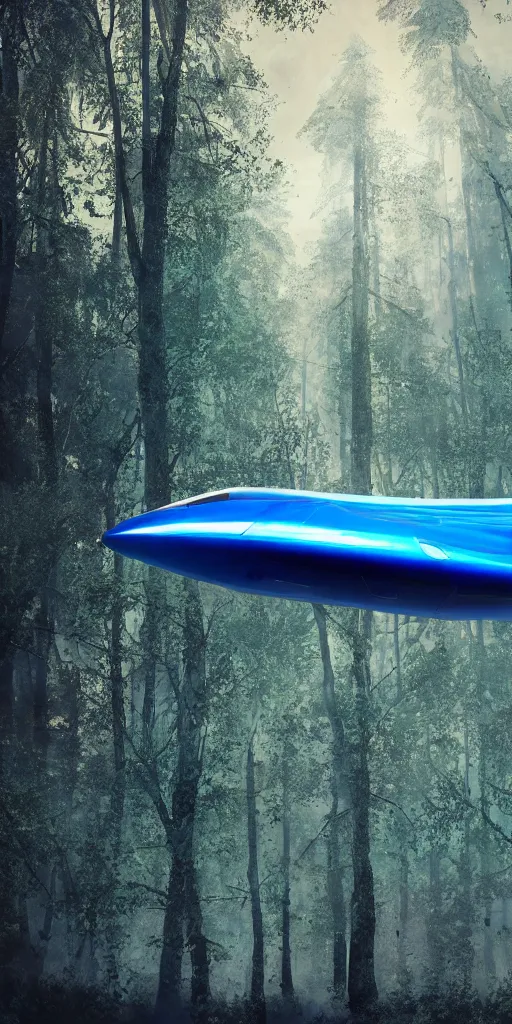 Prompt: a photorealistic detailed image of a blue glossy aerodynamic spaceship!!! highly detailed with ethereal light in a forest , giant threes, photorealistic, octane render, 4k, specular light, shallow depth of field, concept art, artstation, highly detailed, art by canaletto, hajime sorayama, john salminen, ivan shishkin, kim keever and pierre pellegrini