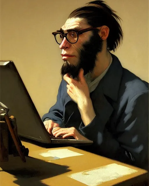 Prompt: ape hacker with glasses at the computer. fantasy art by greg rutkowski, gustave courbet, rosa bonheur, edward hopper. faithfully depicted facial expression, perfect anatomy, sharp focus, global illumination, radiant light, detailed and intricate environment, trending on artstation