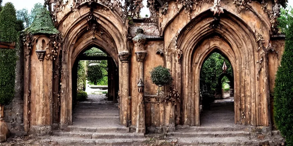 Image similar to magical entrance to monastery, metal, ornaments, castle, church, horror