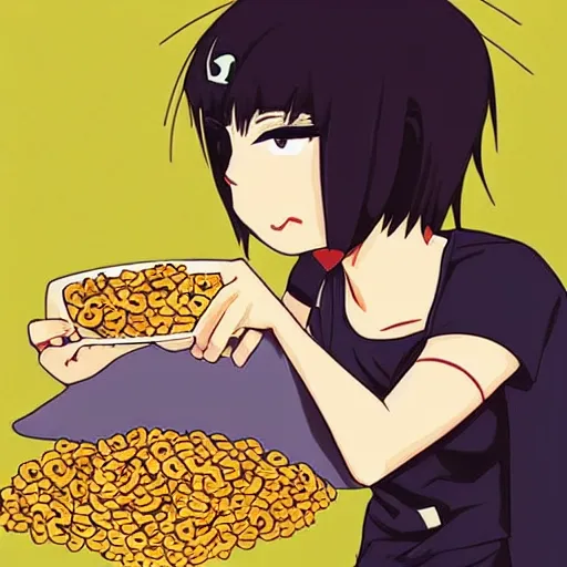 Prompt: “Shinji from Eva eating Cheerios with an emo cat girl”