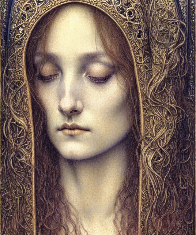 Image similar to detailed realistic beautiful young medieval queen face portrait by jean delville, gustave dore and marco mazzoni, art nouveau, symbolist, visionary, gothic, pre - raphaelite. horizontal symmetry