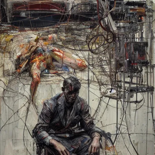 Image similar to a lone lost man in a dark cyberpunk future, by kent williams, lucian freud and jenny saville, wires machines, city