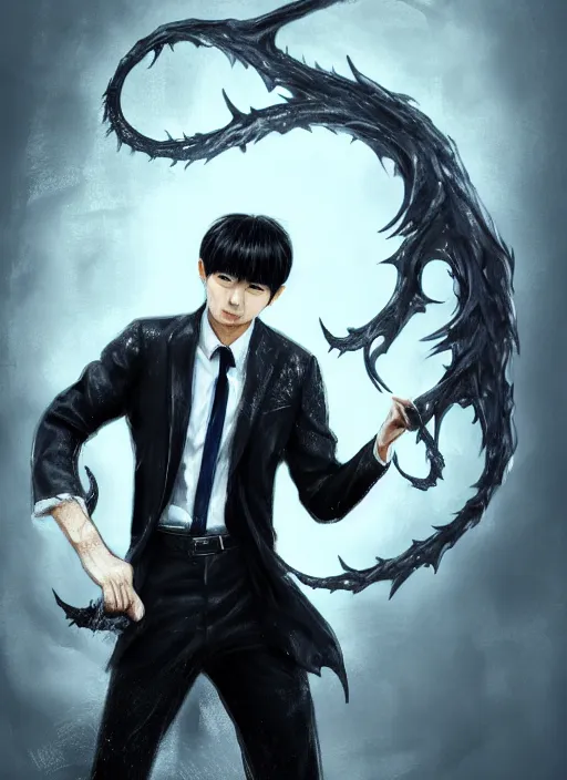 Image similar to a highly detailed illustration of attractive korean man with bowl cut black hair wearing shirt and tie with giant black mist claws, wielding giant black mist claws pose, tired expression, foggy black mist surrounding background, intricate, elegant, highly detailed, centered, digital painting, artstation, concept art, smooth, sharp focus, league of legends concept art, wlop.