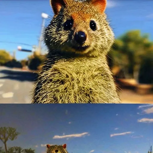Prompt: a quokka in the style of gta 5 cover art