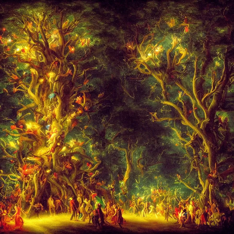 Prompt: closeup of a night carnival inside a tree cavity in a magical forest in the middle of a summer storm, with a music scenario with many fireworks and christmas lights, volumetric lightning, instense god rays in the sky, folklore people disguised with fantastic creatures in a magical forest by summer night, masterpiece painted by ary scheffer, very coherent and colorful high contrast masterpiece,