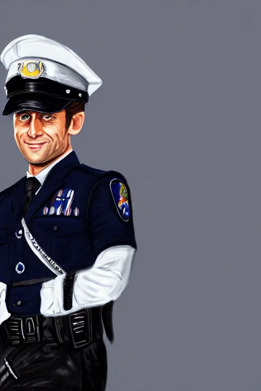 Prompt: emmanuel macron wearing a police officer uniform, highly detailed, digital art, sharp focus, trending on art station