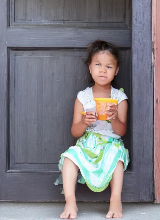 Image similar to girl sitting on porch eating porridge