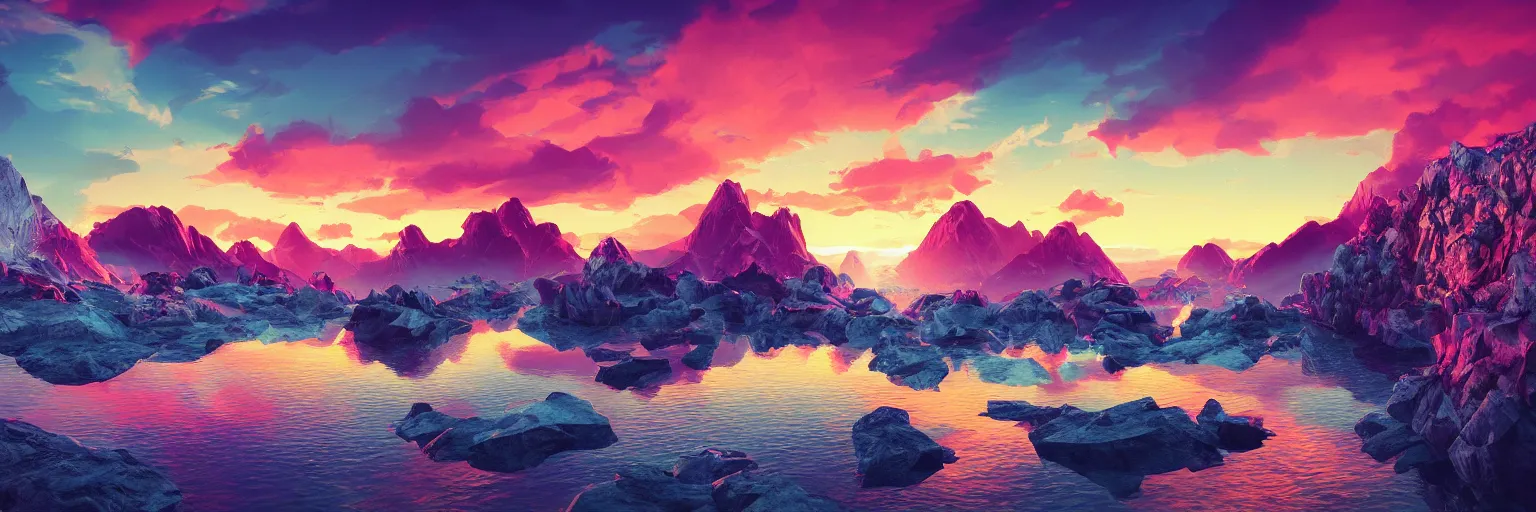 Image similar to super detailed color art, a sinthwave northern sunset with rocks on front, lake in the middle of perspective and mountains at background, unreal engine, retrowave color palette, 3d render, lowpoly, colorful, digital art