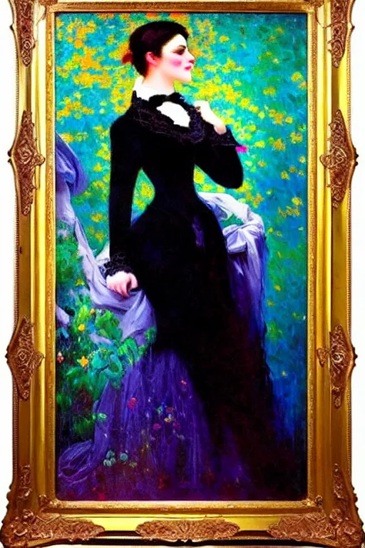 Image similar to impressionist brushstrokes!!!! lisa frank and richard schmid and jeremy lipking victorian loose genre loose painting full length portrait painting of a victorian vampire