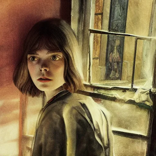 Prompt: Elle Fanning in the painted world of Metro 2033, head and shoulders masterpiece, apocalypse, golden hour, cosmic horror, artstation, in the style of Andrew Wyeth and Edward Hopper and Bosch, extremely detailed