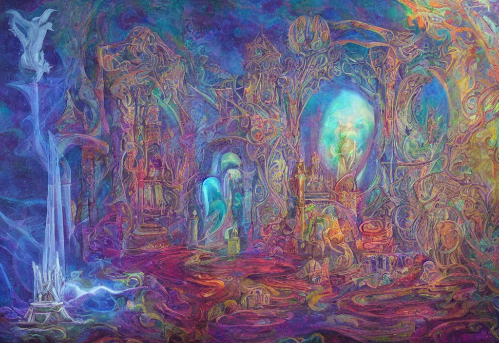 Prompt: iridescent temple of sleep deva architecture dreamer mythos phantasms, award winning oil painting, polychromatic spectrum