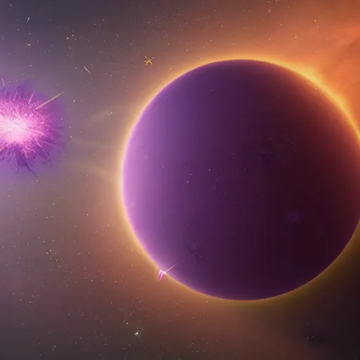 Image similar to purple planet exploding with highly advanced civilization on its surface, hd, 8 k cgsociety, octane render, artstation, highly detailed, space,