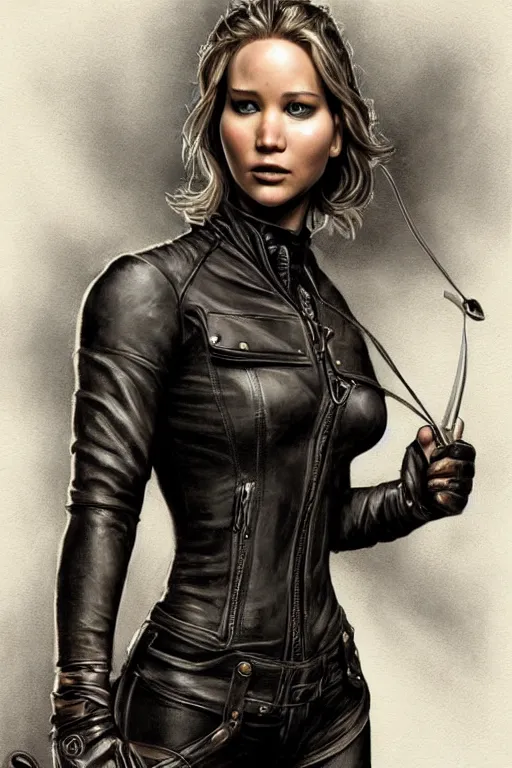 Prompt: muscled Jennifer Lawrence as a ruggedly handsome heroine , dressed in biker leather, intricate, elegant, highly detailed, centered, digital painting, artstation, concept art, smooth, sharp focus, illustration, art by artgerm and donato giancola and Joseph Christian Leyendecker, Ross Tran, WLOP