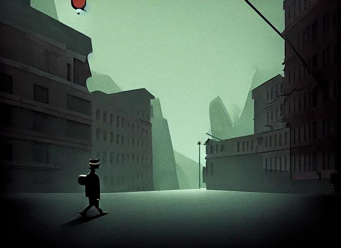 Image similar to editorial illustration by Karolis Strautniekas and Mads Berg, colorful, lonely lost city,a single mad in a hat walking, fine texture,detailed, matte colors,film noir, dramatic lighting, dynamic composition,moody, vivid,voumetric