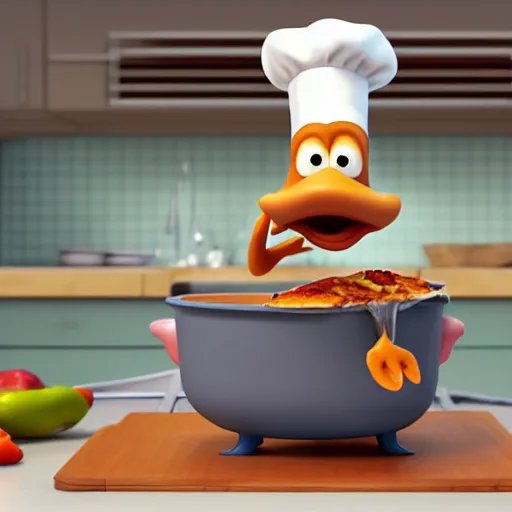 Prompt: pixar 3 d style cute platypus on a kitchen wearing a chef hat and holding a lasagna into an oven, pixar style, 3 d, ratatouille style