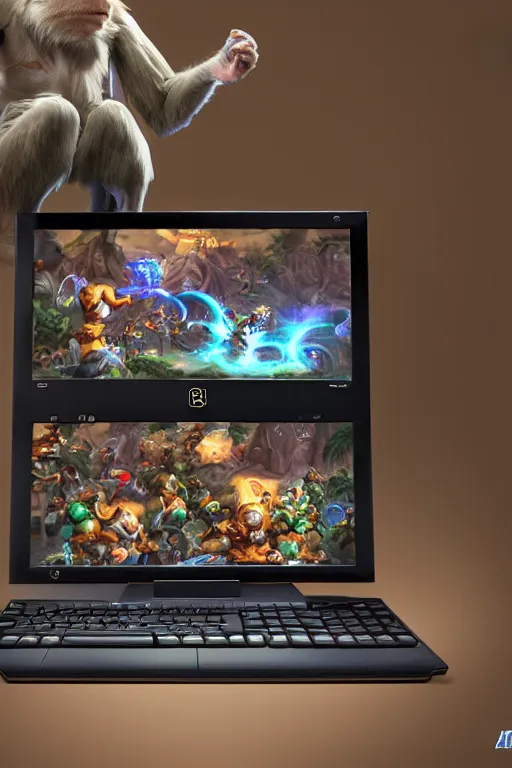 Prompt: A photo of a monkey playing league of legends on a alien ware computer. Photography. Photo realism. Hyper real