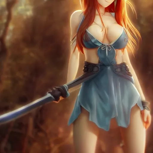 Image similar to a giant macro very beautiful young yuuki asuna, ( full body, long wavy hair, sky blue eyes, full round face, bikini, miniskirt ), standing with tyrion lannister cinematic wallpaper by stanley artgerm lau