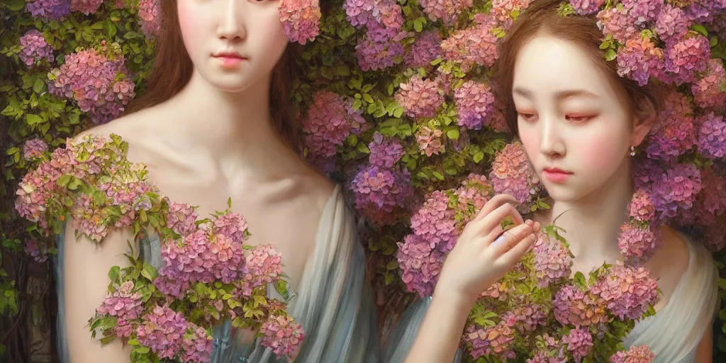 Image similar to breathtaking detailed concept art painting portrait of the goddess of hydrangea flowers, orthodox saint, with anxious piercing eyes, ornate background, amalgamation of leaves and flowers, by hsiao - ron cheng, volegov, extremely moody lighting, 8 k