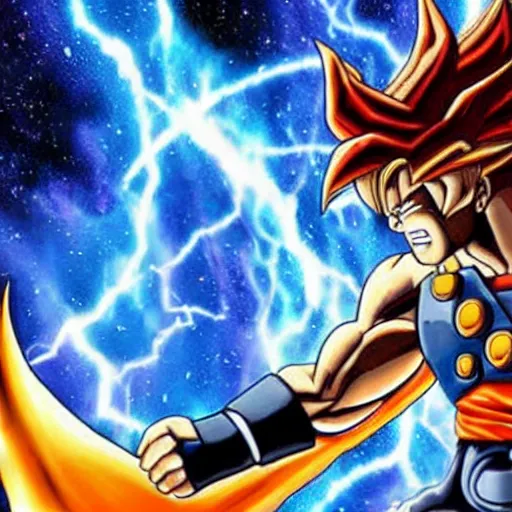 Prompt: thor fused with Goku, in space, photo realistic