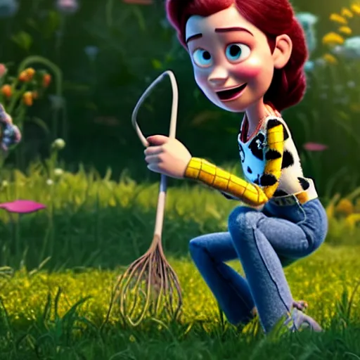 Prompt: a pixar 3 d character, a beautiful and mad canadian woman, on her knees, pulling weeds out frantically, some grey hair, stripey pants, octane render, 8 k, toy story,