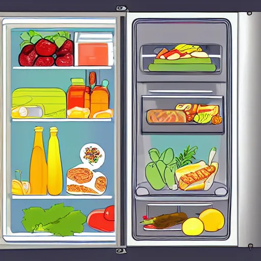 Image similar to cross - section illustration of a refrigerator interior stuffed with leftovers, highly detailed