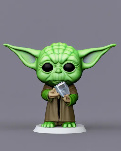 Image similar to full body 3d render of funko pop baby yoda as a funko pop, studio lighting, white background, blender, trending on artstation, 8k, highly detailed