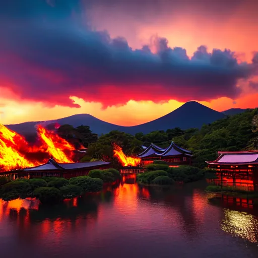 Image similar to japanese town on fire, sunset, 8k, high details, photorealistic, sharp