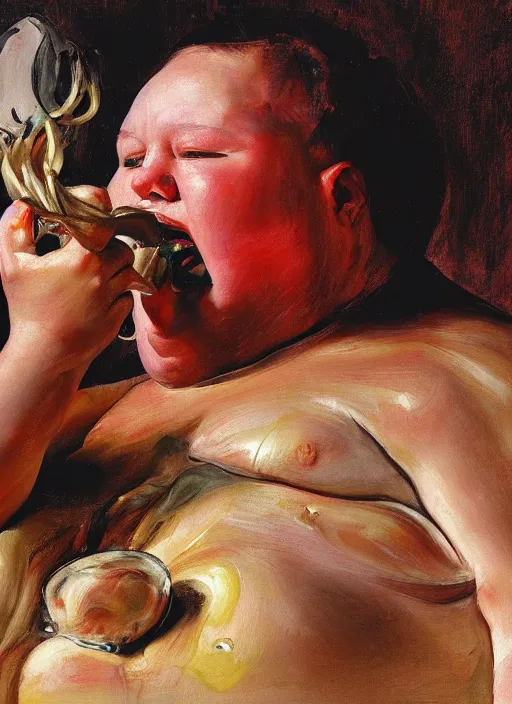 Image similar to high quality high detail painting by jenny saville, hd, a fat man eating spaghetti, photorealistic lighting