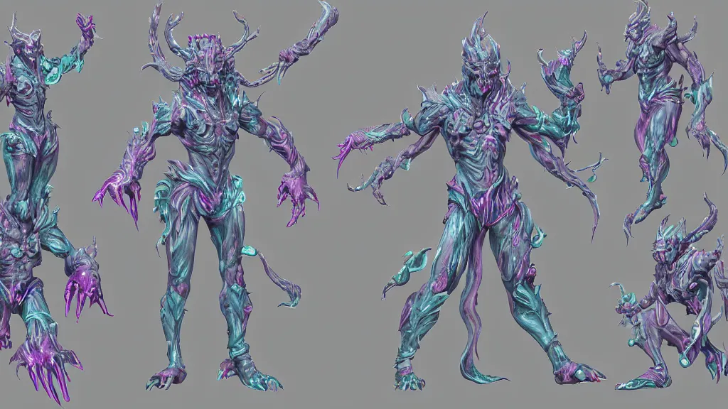 Prompt: a fantasy Bright iridescent ghost demon with four arms character design sheet, trending on artstation
