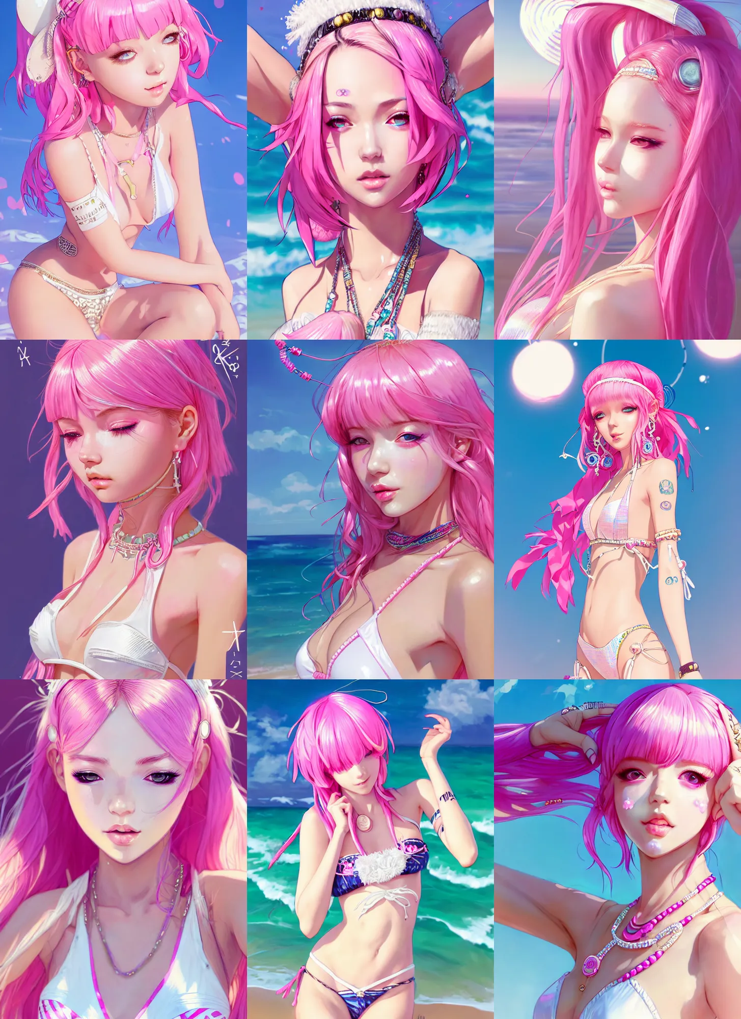 Prompt: portrait of a beautiful perky girl with pink hair with boho accessories, in white reflective bikini at beach, glossy, symmetry face, top lighting, cute face, highly detailed, seraphine ahri kda, art by hidari and krenz and wenjun lin and starember and kuvshinov ilya and kidmo and rossdraws and artgerm