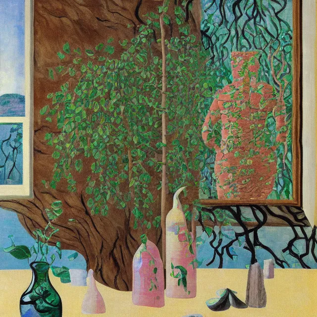 Prompt: buttress tree roots, a female art pathologist in her apartment, a river flowing through the wall, snow leopard, plants in glass vase, water, river, rapids, pig, canoe, pomegranate, berries dripping, acrylic on canvas, surrealist, by magritte and monet