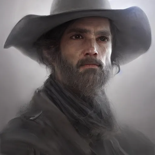 Prompt: portrait of a man with a long duster, almost grey hair and a cowboy hat, harsh good looking face, drawn by Ruan Jia, fantasy art, dramatic lighting, digital art,highly detailed