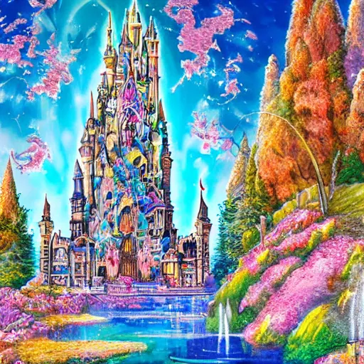 Prompt: a gigantic tall towering surreal elaborate sparkling gothic stone castle built over a lake on a bright sunny day, illustration by Ayami Kojima, Lisa Frank coloring, concept art, hyperdetailed, 4k