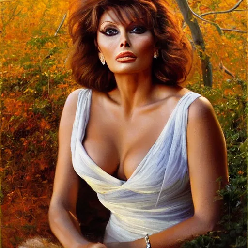 Image similar to stunning serene portrait of Sophia Loren by Mark Arian, oil on canvas, masterpiece, realism, piercing gaze, autumn bokeh
