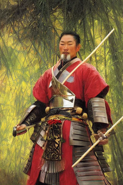 Image similar to close up of samurai warrior in full armor, in a bamboo forest, by vladimir volegov and alexander averin and delphin enjolras and daniel f. gerhartz