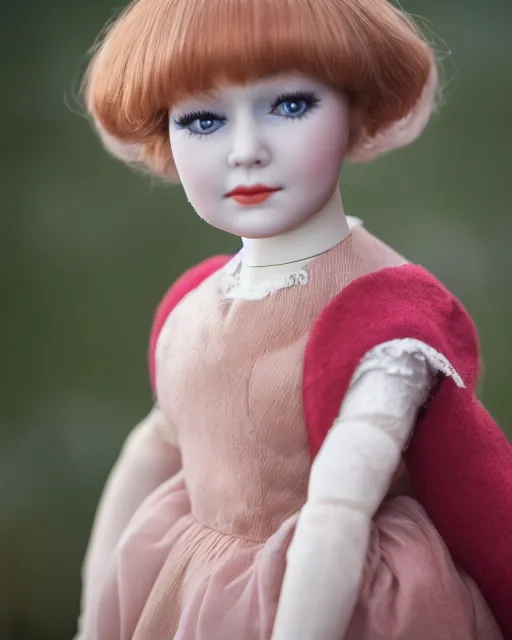 Image similar to high quality presentation photo of young Shirley MacLaine as a porcelain doll, photography 4k, f1.8 anamorphic, bokeh, 4k, Canon, Nikon