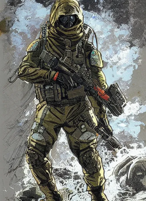 Image similar to Hector. USN blackops operator emerging from water at the shoreline. Agent wearing Futuristic stealth suit and looking at an abandoned shipyard. rb6s, MGS, and splinter cell Concept art by James Gurney, Alphonso Mucha. Vivid color scheme.