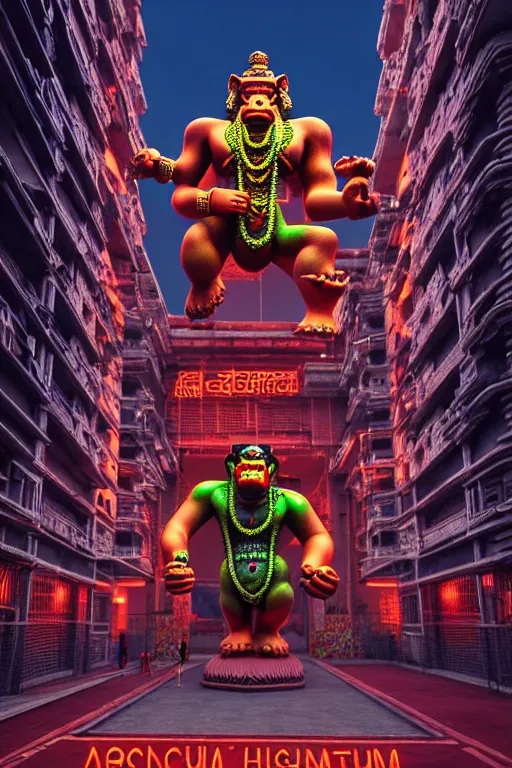 Image similar to high quality 3 d render post - rococo cyberpunk hanuman! head building, neon madhubani, highly detailed, in sci - fi mumbai, cinematic smooth unreal engine, lee madgwick & liam wong, dramatic light, low angle, uhd 8 k, sharp focus