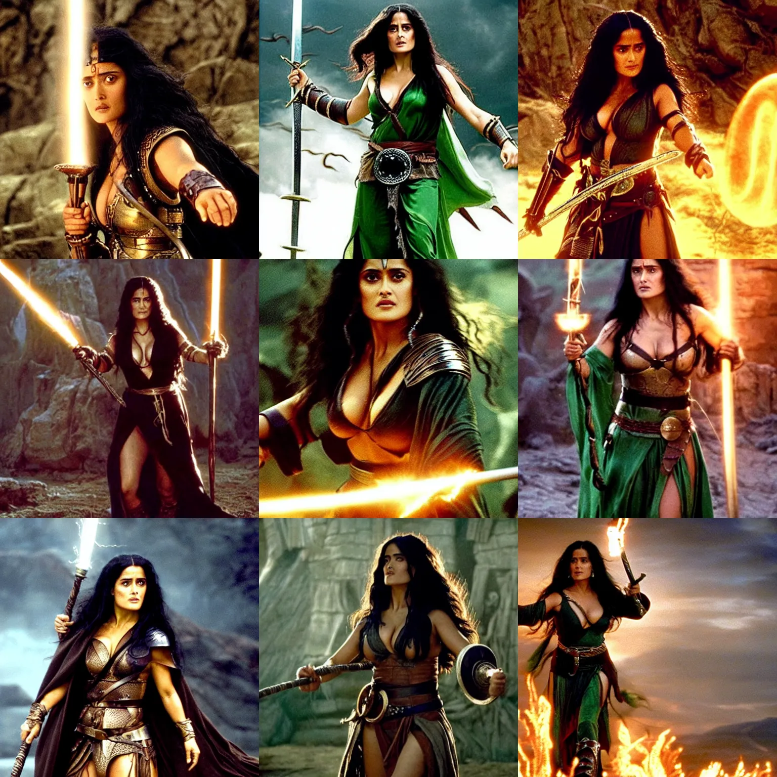 Prompt: epic photo of salma hayek as beautiful medieval sorceress with very long black hair wearing a green silk robe and metal belt, battle scene, holding her wizard staff electricity emanating from it, sweaty, in the film conan the barbarian, movie still, cinematography by duke callaghan