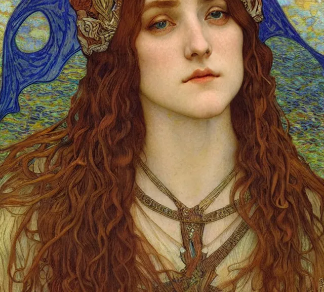 Image similar to detailed realistic beautiful young medieval queen face portrait by jean delville, alphonse mucha, vincent van gogh, and marco mazzoni, art nouveau, symbolist, visionary, gothic, pre - raphaelite